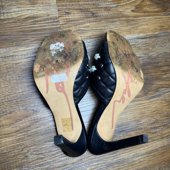 Karl Lagerfeld size 7 AMINA black open toe pearl studded quilted mule heel - Picture 8 of 13